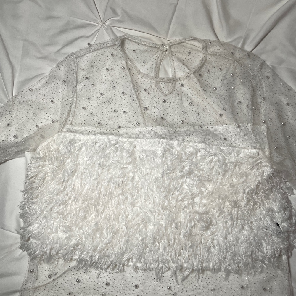 Nordstrom White Ruffled Blouse with Embellished Sleeves
